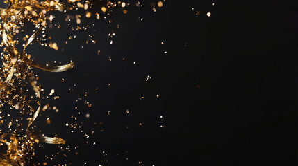 Abstract holiday, celebration black background with falling golden confetti ribbons