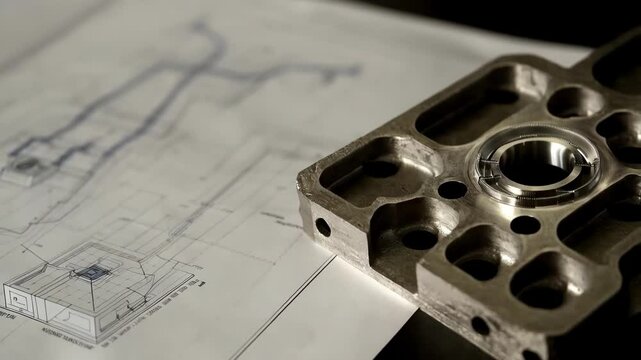 Metalwork precision is evident in a mechanical part featuring a bearing, placed on a blueprint showcasing intricate technical drawings, suggesting a meticulous quality control process