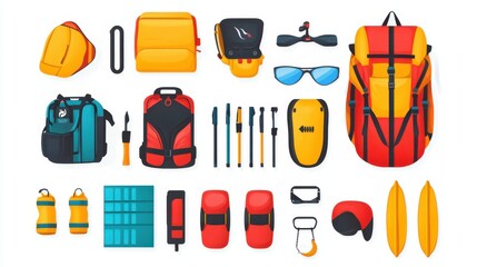 Fototapeta premium Colorful Collection of Outdoor Equipment and Accessories for Adventures