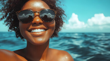 Ocean Fun, Smiling Woman in Sunglasses - Realistic Image