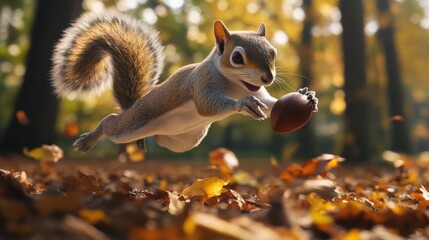 Obraz premium Playful Squirrel Leaps Through Autumn Leaves with Acorn in Mouth