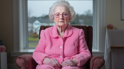 Older woman in pink attire seated in a cozy room with a large window, conveying a sense of calmness and wisdom on a cloudy day