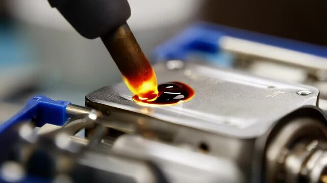 Precision soldering iron applying molten solder paste onto electronic component, creating secure electrical connection during manufacturing process in professional workshop