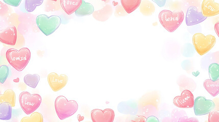 Scattered heart decorations in vibrant shades of pink and red, forming a playful and festive Valentines Day arrangement