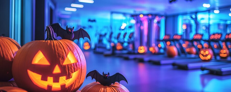 Halloween pumpkins and bats are lighting up an empty gym with colorful neon lights