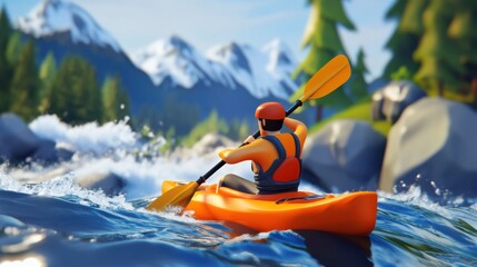 Adventurous Kayaker Paddling Through Mountain River Rapids