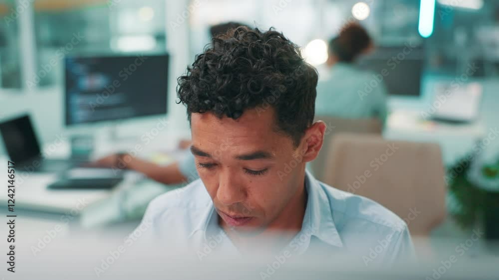 Poster Developer, reading and man on computer for research, project and cybersecurity update in office. Face, coding and programmer with technology for web development, programming and building software