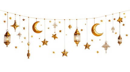 A golden crescent moon decoration with lanterns and stars, representing Ramadan and Eid celebrations. Isolated on transparent background.