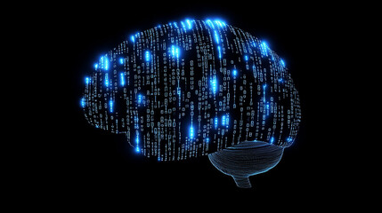 Futuristic digital brain made of glowing blue binary code, symbolizing artificial intelligence, innovation, and high-tech advancements