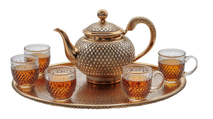 A luxurious golden Arabic tea set with textured glass cups and an ornate metal tray. Isolated on transparent background.