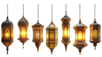 Obraz premium A collection of traditional hanging Ramadan lanterns in various intricate designs, glowing warmly. Isolated on transparent background.