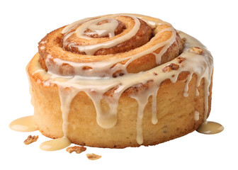 Delicious cinnamon roll drizzled with creamy frosting on a clean background showcasing a sweet treat perfect for dessert lovers Transparent PNG