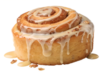 Delicious cinnamon roll drizzled with creamy frosting on a clean background showcasing a sweet treat perfect for dessert lovers Transparent PNG