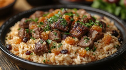 A beautifully plated Uzbek with raisins and lamb