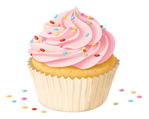 Delicious pink frosted cupcake with colorful sprinkles displayed on a white background ready for dessert lovers to enjoy transparent background png