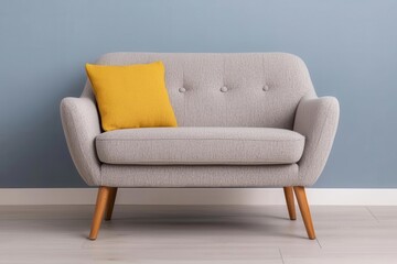 Fototapeta premium home decor minimalism with space-saving scandinavian. Compact loveseat in neutral fabric with tapered wooden legs, designed for cozy Scandinavian-style seating