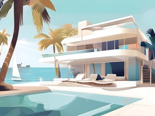 Fototapeta premium A white yacht rests near a beach with palm trees, next to a pool and lounge chairs. The image is part of a set of illustrations, generated using AI, available on Adobe. Generative AI