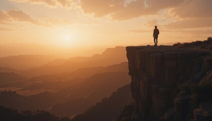 Sunset Hiker on Mountain Clifftop Dramatic Landscape