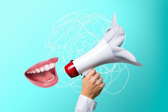 Composite collage of female mouth scream megaphone