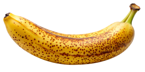 A ripe banana with brown spots resting on a white background, showcasing its vibrant yellow color and natural texture transparent background png