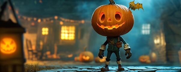 Playful halloween figure with an illuminated pumpkin head standing on a cobblestone street with a eerie house in the distance