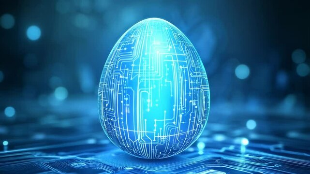 Digital circuit egg glowing on motherboard surface for Easter technology concept. Futuristic Easter decoration for Science Fair, Computer Day, Digital Literacy Day and Technology Innovation Week