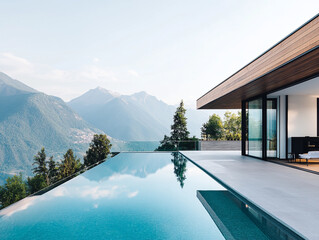 Modern villa with an infinity pool overlooking mountains and lake.