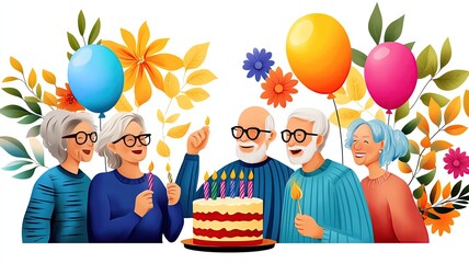 Retirement Happiness retired friends celebrating a birthday with balloons, cake, and joyful laughter