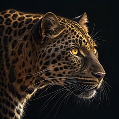 Obraz premium Majestic leopard showcasing intricate patterns and piercing eyes against a dark background while poised for action