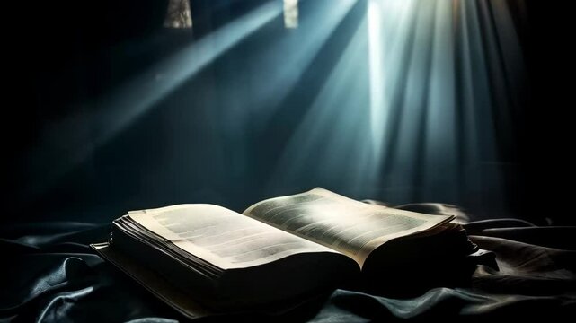 Holy bible illuminated by divine rays of light on dark background with copy space. Religious concept for Easter, Christmas, Good Friday, Ash Wednesday and church services