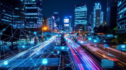 Fototapeta premium Bustling cityscape at night with towering skyscrapers illuminated by vibrant neon signs and motion blur from passing traffic, capturing the energy of urban life