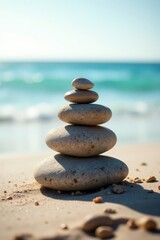 Pyramid of pebbles on sandy beach with calm sea waves, sand , equilibrium, water