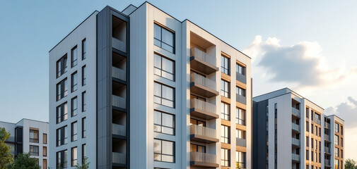 Fototapeta premium Modern apartment buildings with large balconies under a clear sky.