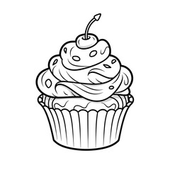 Line Art Illustration of a Cupcake with Cherry