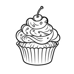 Line Art Drawing of Cupcake with Cherry