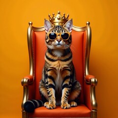 Regal feline wearing golden crown and shades sits on orange throne backdrop, majestic demeanor, orangebackground, kingsday, netherlands