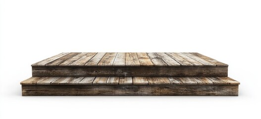 Two-step rustic wooden platform isolated on white.