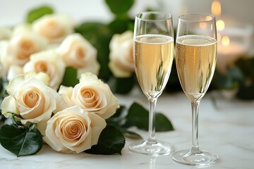 white roses on the table next to glasses of champagne against a background of candles and lights, festive still life