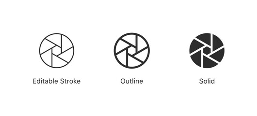 Camera lens shutter icon in editable stroke, outline, and solid
