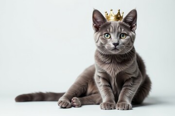 Obraz premium Russian Blue cat sitting in front of gold crown with crown resting on cat's head against white background, animal royalty, , royal crown