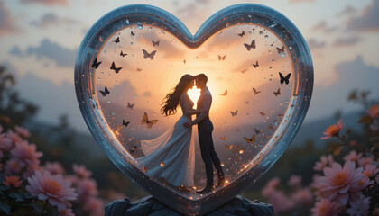 Valentine's Day scene - Toy figurines of a young couple inside a glass heart..