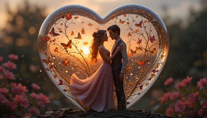 Valentine's Day scene - Toy figurines of a young couple inside a glass heart..