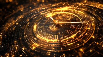 Golden Time Warp Clock with luminous glowing particles and movement lines