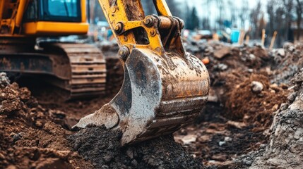 Fototapeta premium Excavator Bucket Digging into Soil at Construction Site in Action