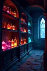 shelves lined with glowing bottles of mystical potions, enchanted, bottles, potion