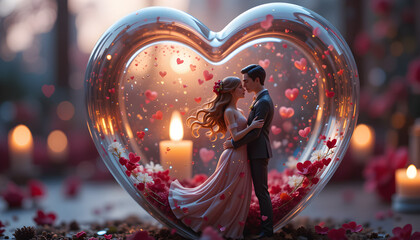 Valentine's Day scene - Toy figurines of a young couple inside a glass heart..