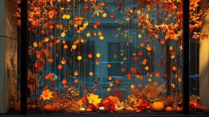 Autumnal display of hanging leaves and pumpkins in a shop window at night
