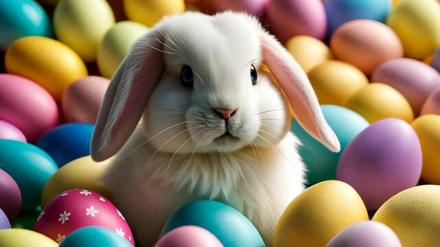 Cute rabbit and pastel coloured painted Easter eggs