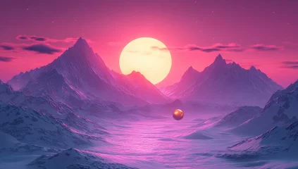 Selbstklebende Fototapeten Pixel art landscape depicting a vibrant sunset over snow-covered mountains. A large, glowing yellow sun dominates the horizon, casting a pink and purple hue across the scene. A golden sphere rests in © emzee