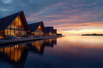 Obraz premium A breathtaking golden sunset casts vibrant reflections on the surface of tranquil waters surrounding stylish overwater villas, symbolizing peace and beauty.